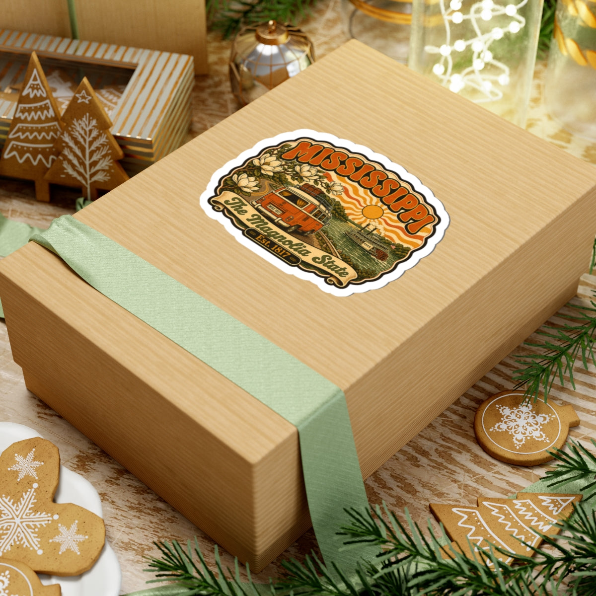 Mississippi retro state sticker on a wrapped wooden gift box with riverboat and van art
