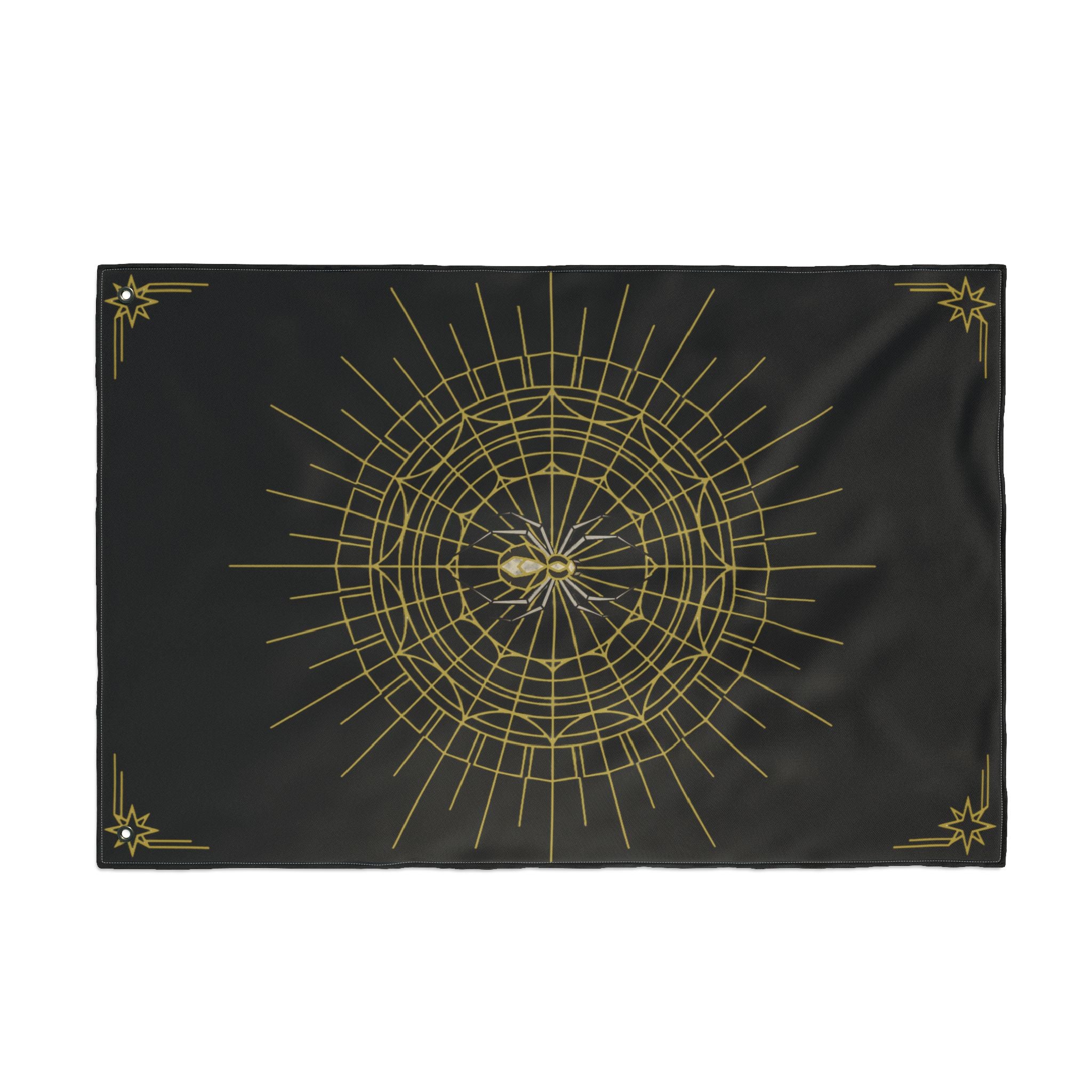 Black Halloween banner with gold spider web mandala center and stitched corner grommets