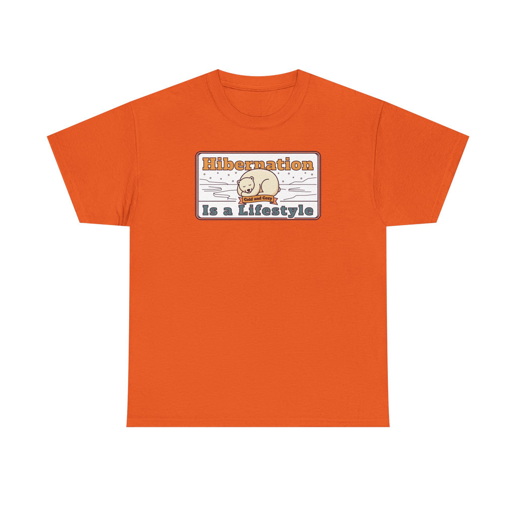 Orange crew-neck T-shirt with “Hibernation Is a Lifestyle” sloth graphic on chest