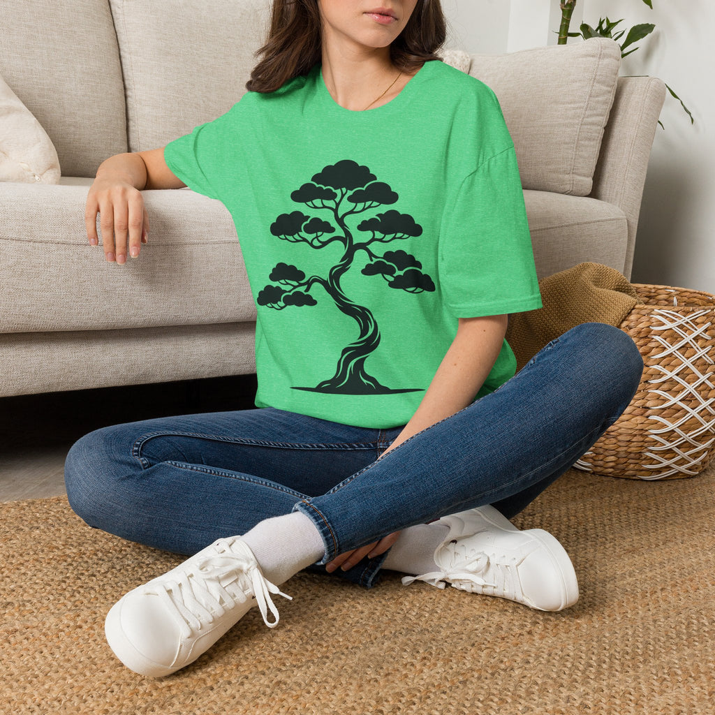 Bonsai tree graphic T-shirt, bright green, crew neck short sleeves