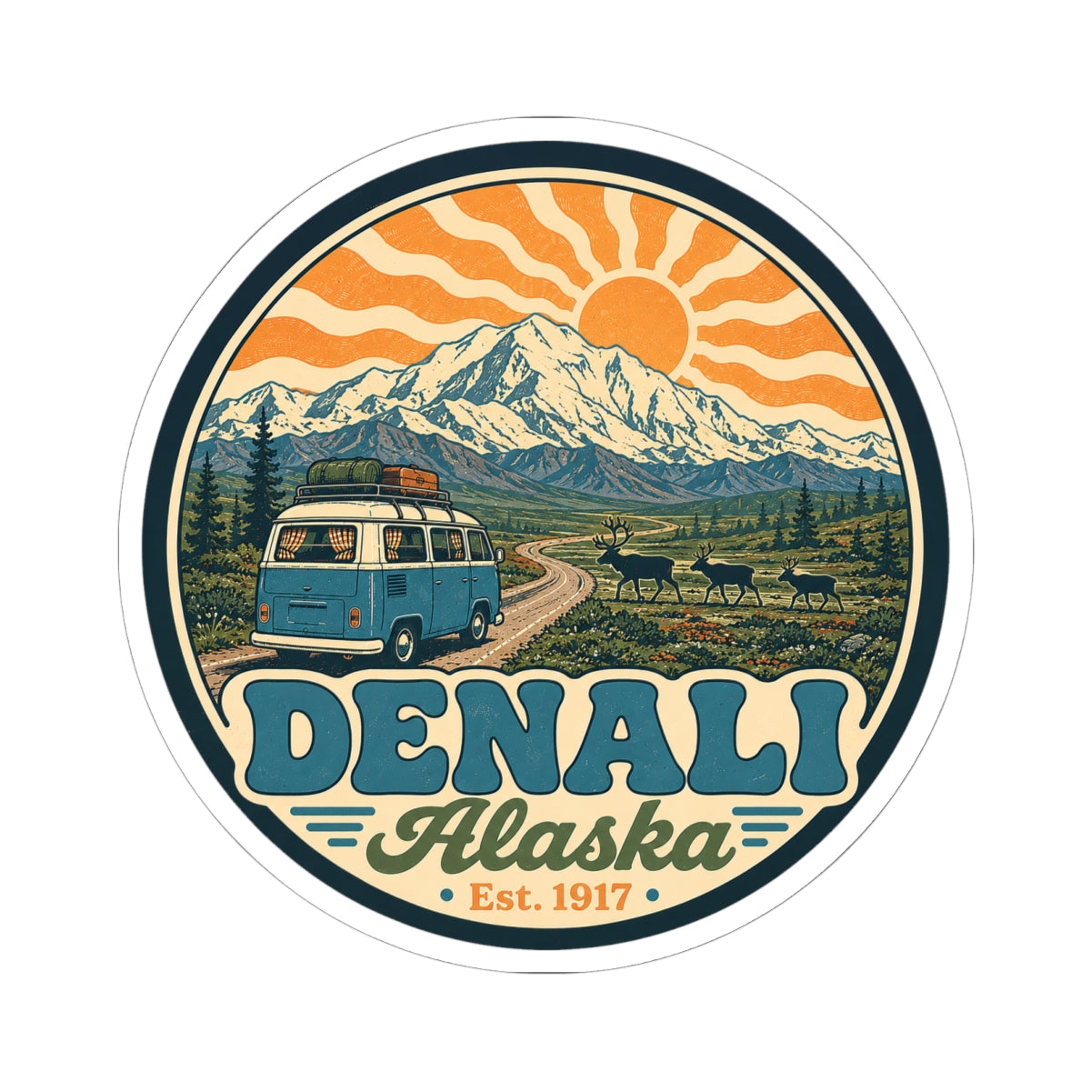 Circular kiss-cut sticker showing Denali Alaska, mountain peaks, sun rays, teal camper van