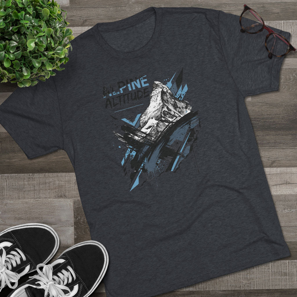 Graphic hiking T-shirt in dark heather gray, with mountain peak illustration and blue text