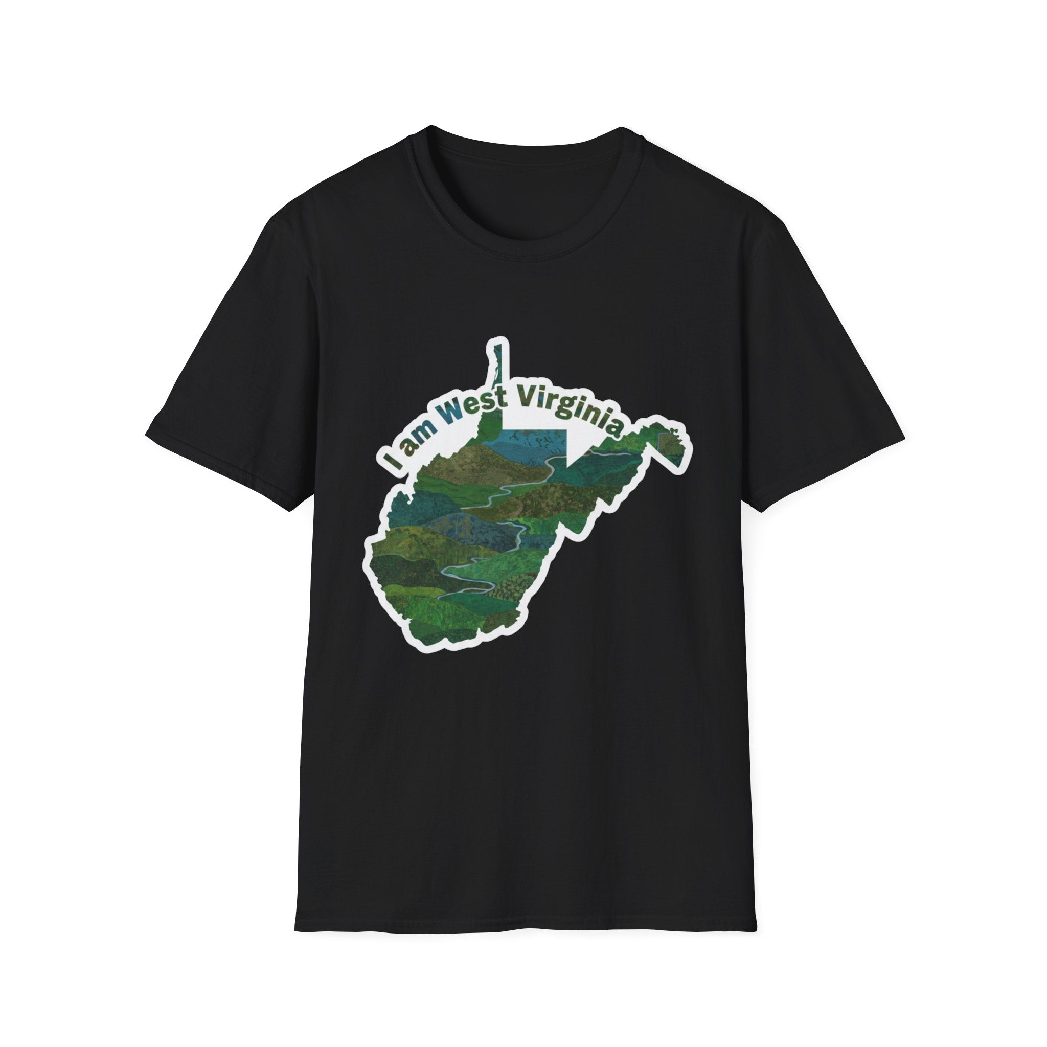 Black T-shirt with West Virginia map graphic and 'I am West Virginia' text