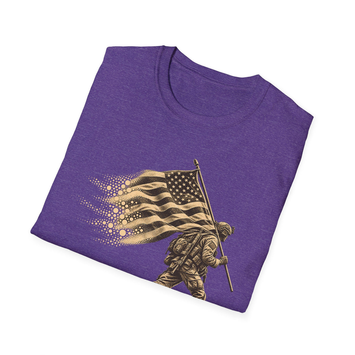 Purple T-shirt with patriotic soldier graphic holding an American flag on front