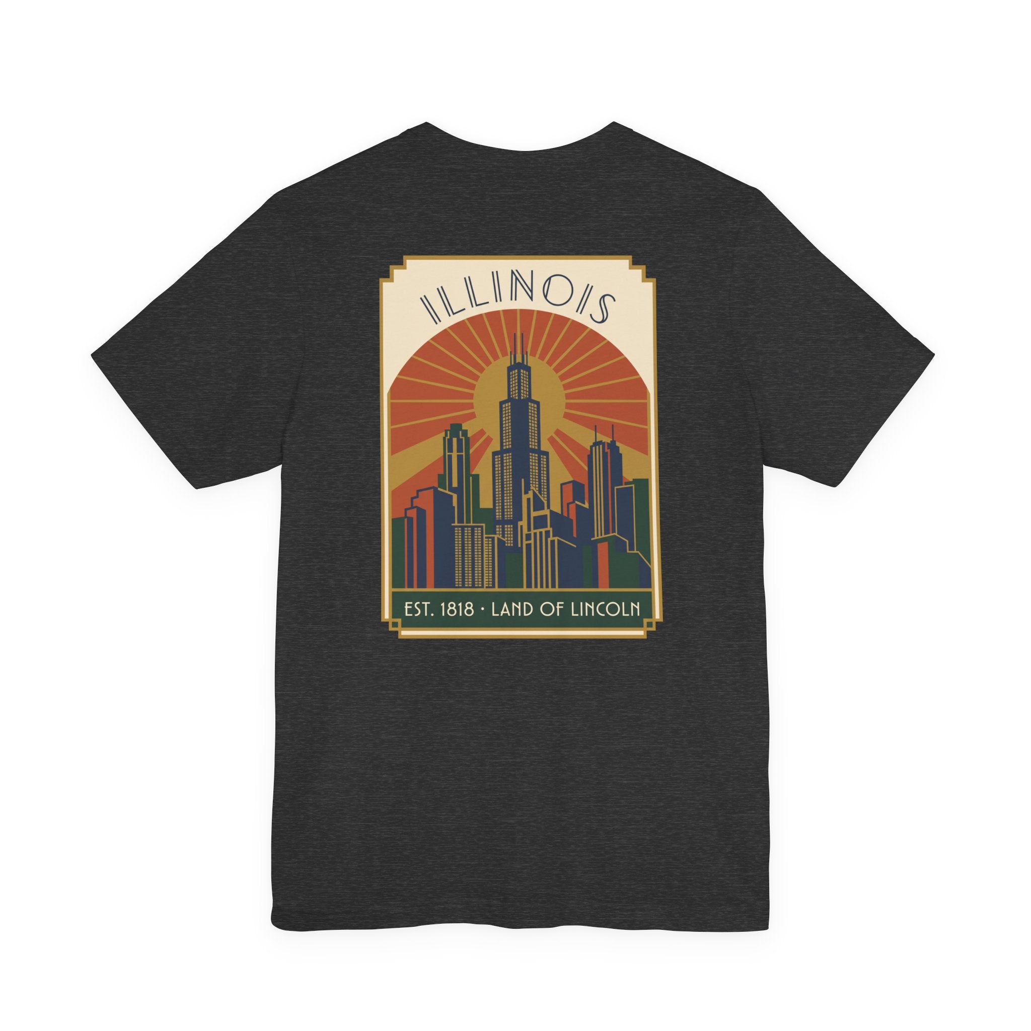 Dark gray art deco T-shirt with Illinois skyline graphic and retro sunset badge