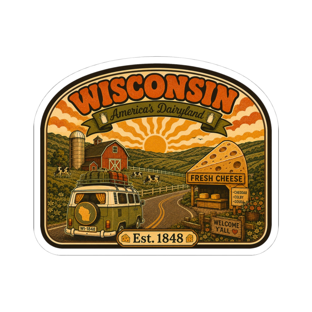 Round kiss-cut Wisconsin sticker showing green delivery truck, cheese shop, and Est. 1848