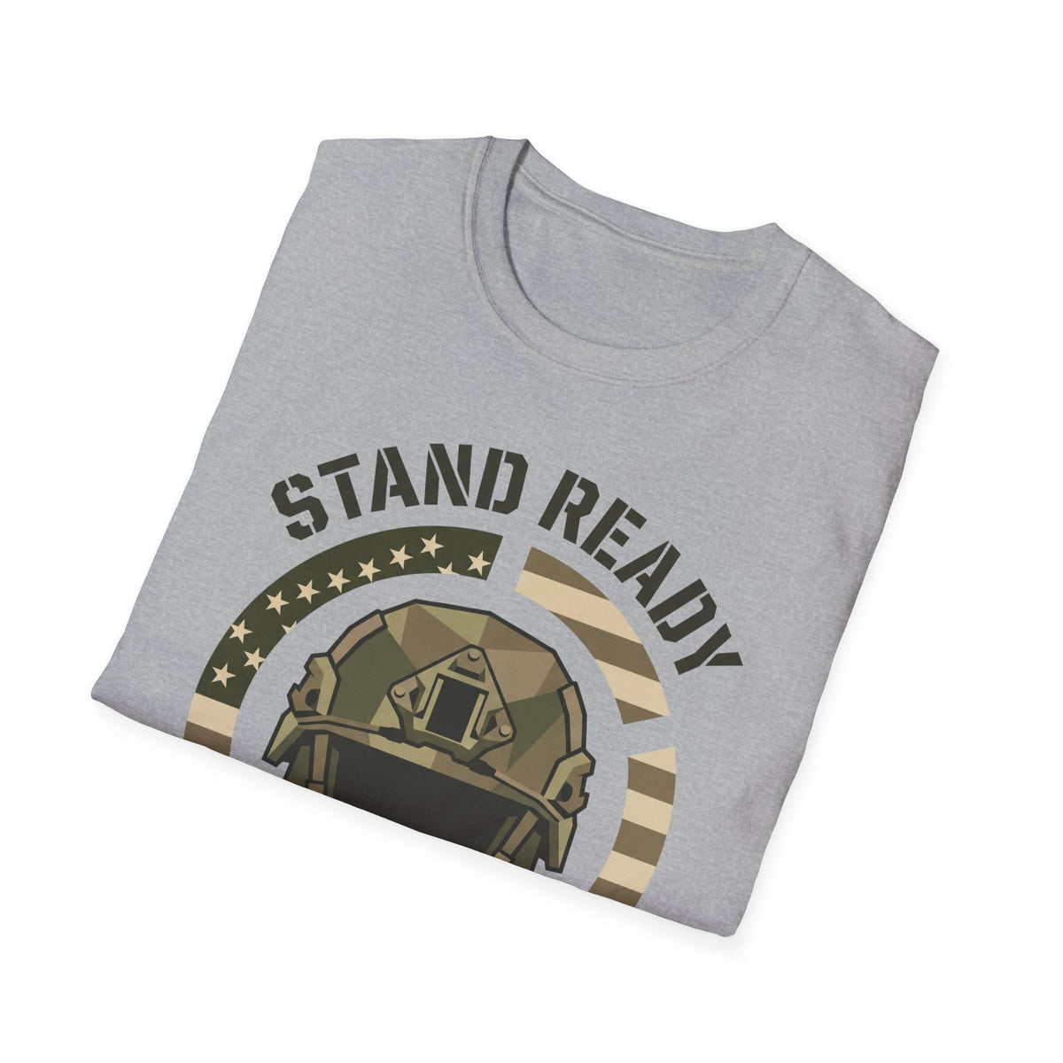 Dark gray crew-neck T-shirt with “STAND READY” helmet graphic on front