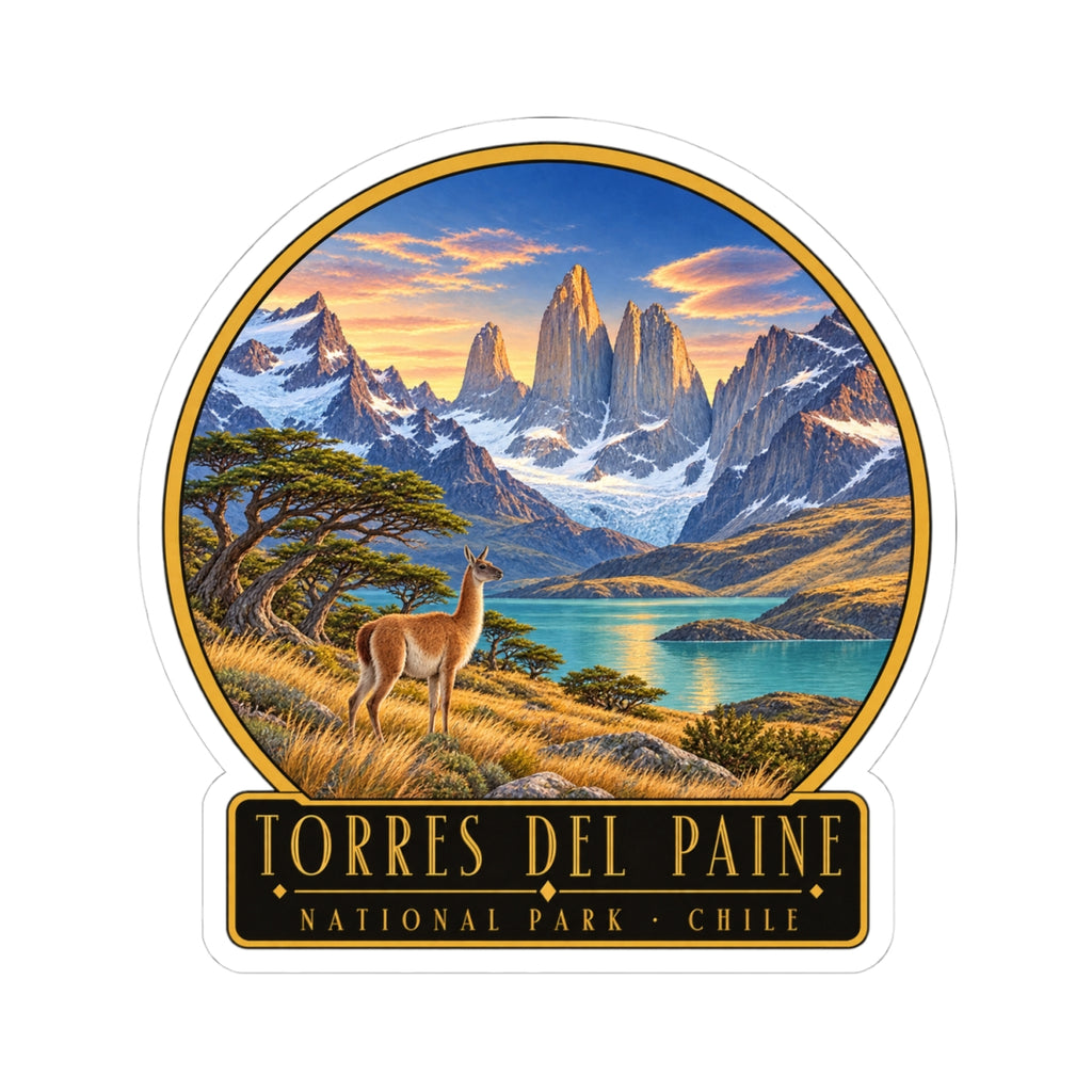 Round vinyl decal with scenic Torres del Paine view: guanaco in grass, mountains, lake, text