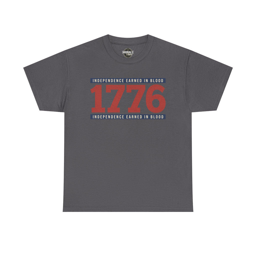 Charcoal graphic t-shirt with “1776” Independence earned in blood print