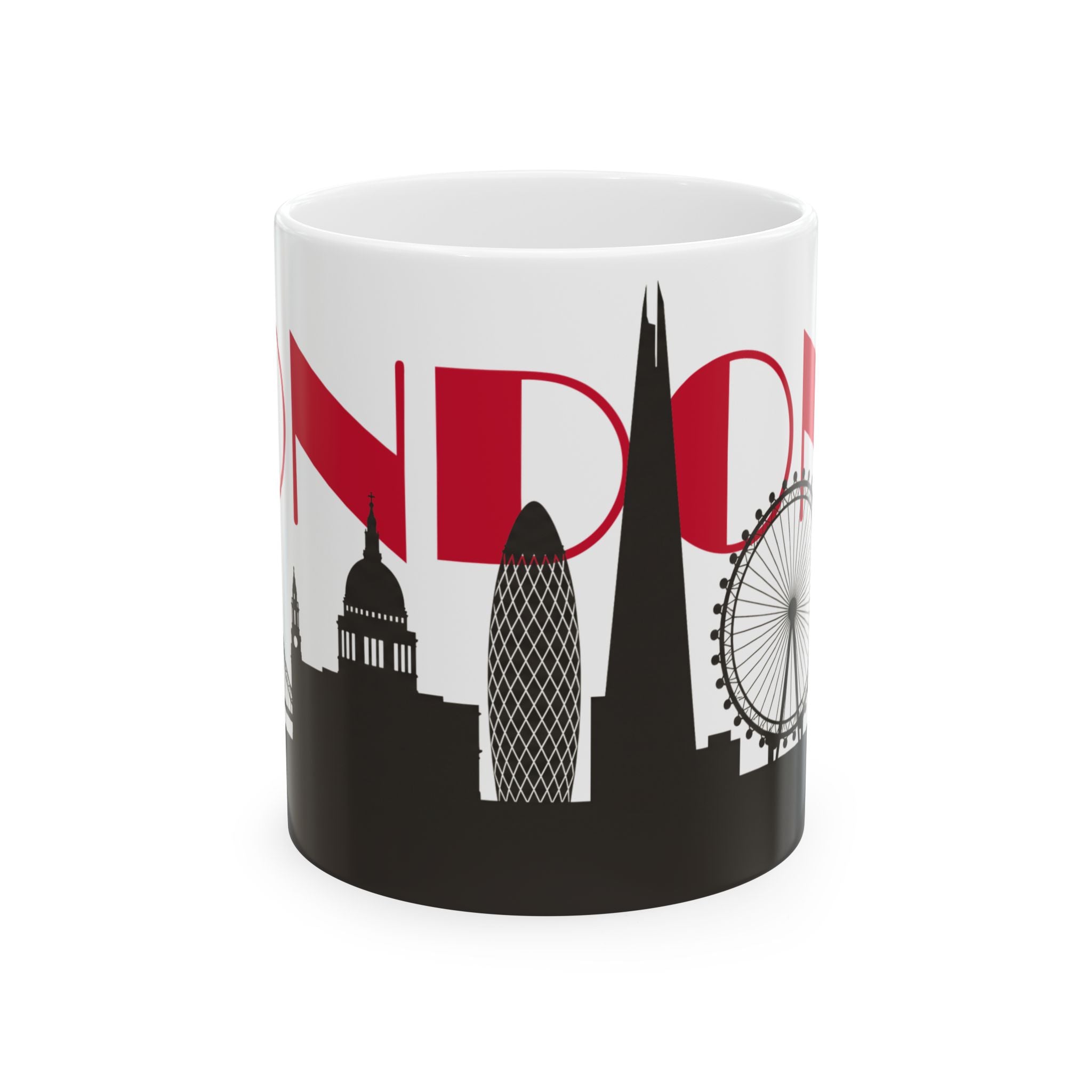 White ceramic coffee mug with red letters and black skyline buildings print