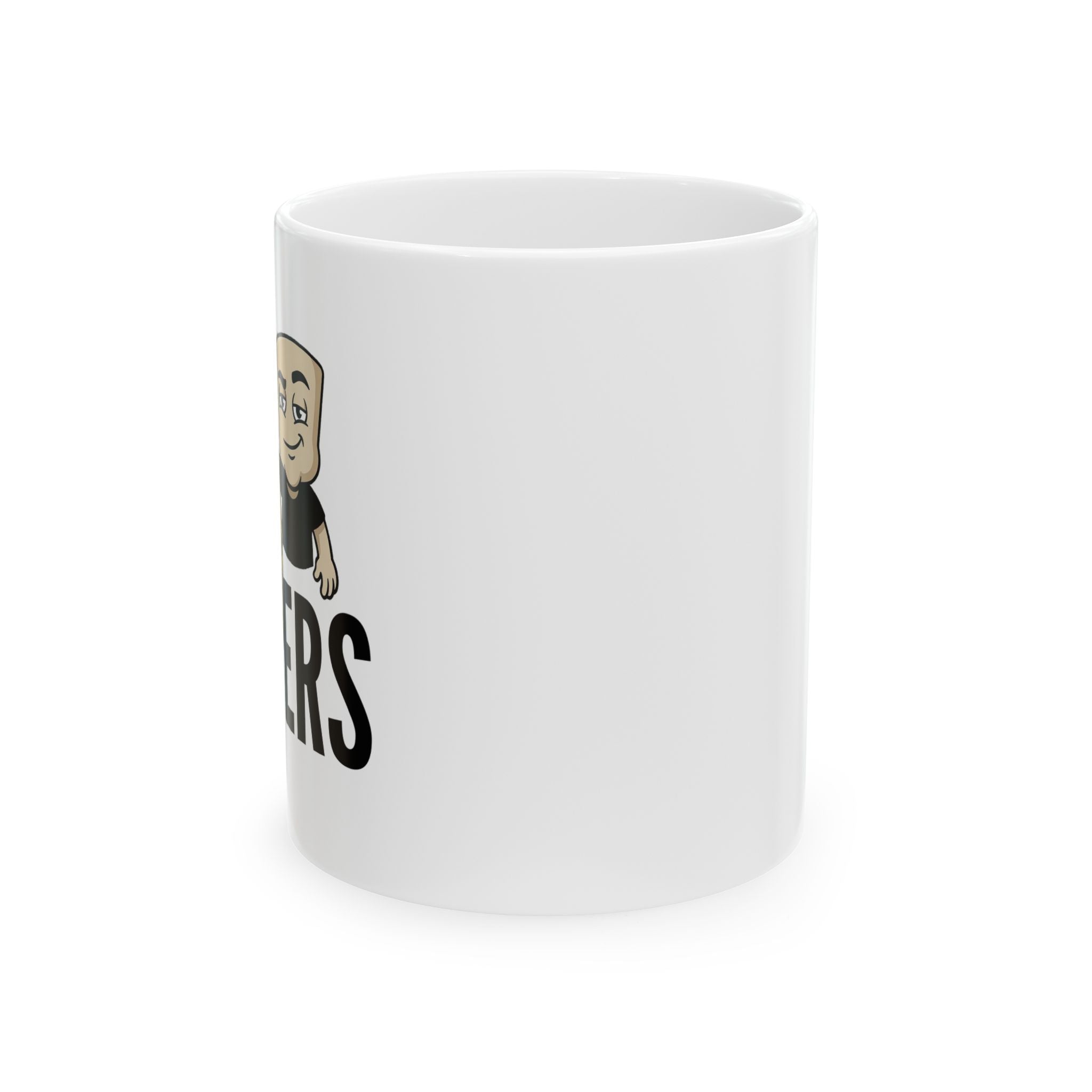 White ceramic mug with partial 'MATTERS' text and cartoon fisherman graphic on side