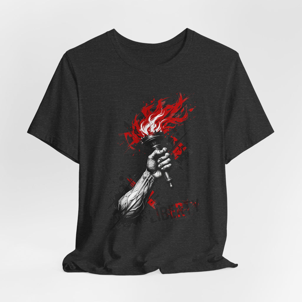 Dark heather T-shirt with red-and-white torch flame graphic on front