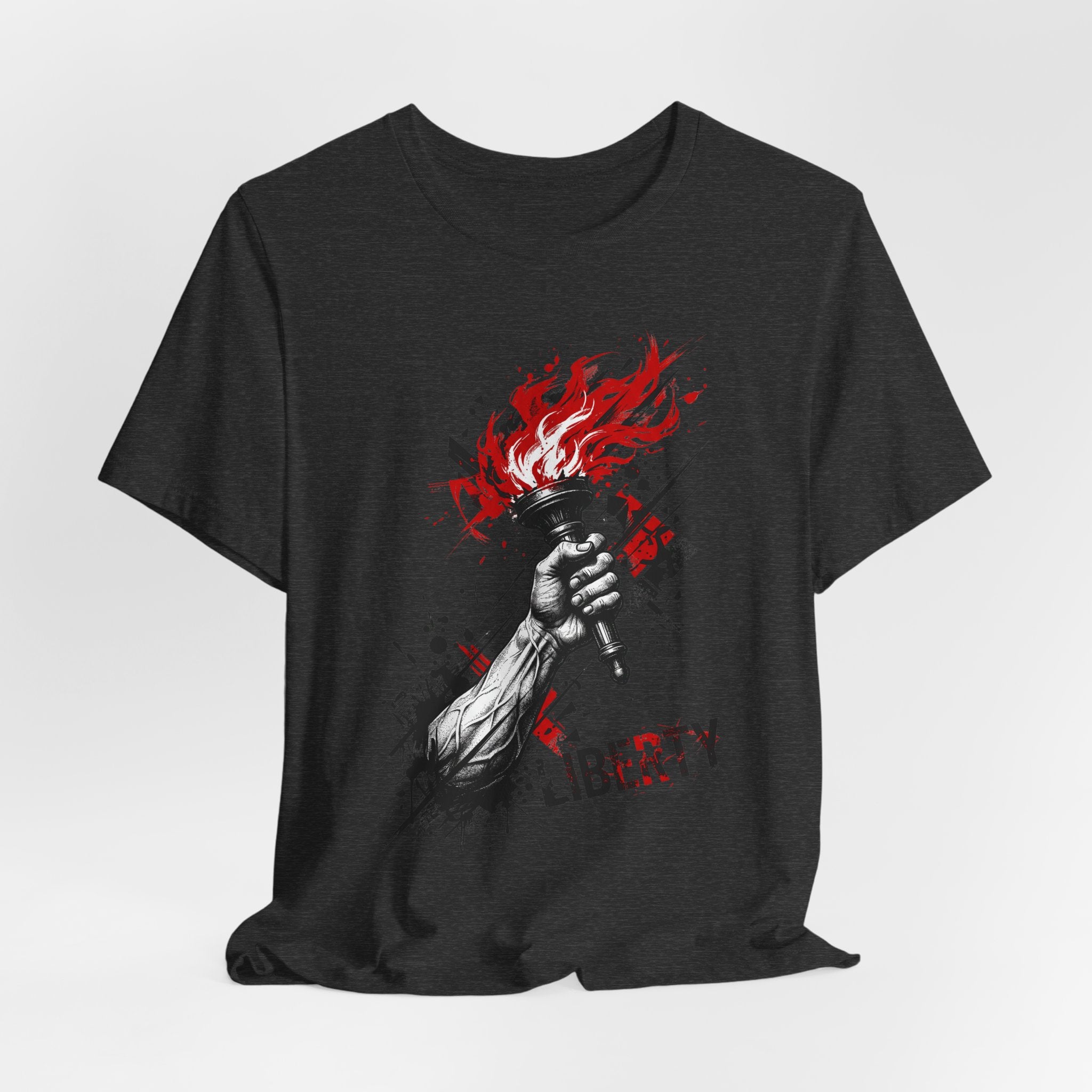Dark heather T-shirt with red-and-white torch flame graphic on front