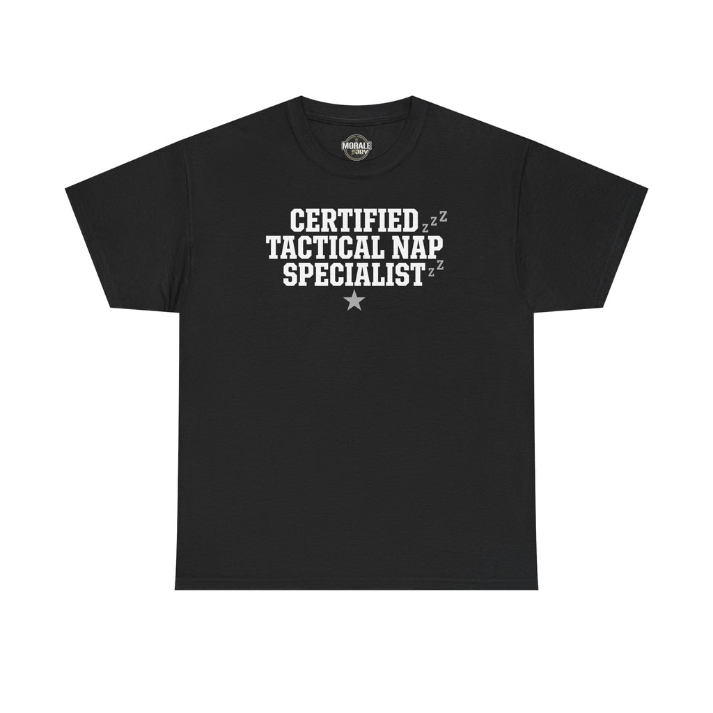 Black crew-neck T-shirt with “Certified Tactical Nap Specialist” text graphic and star