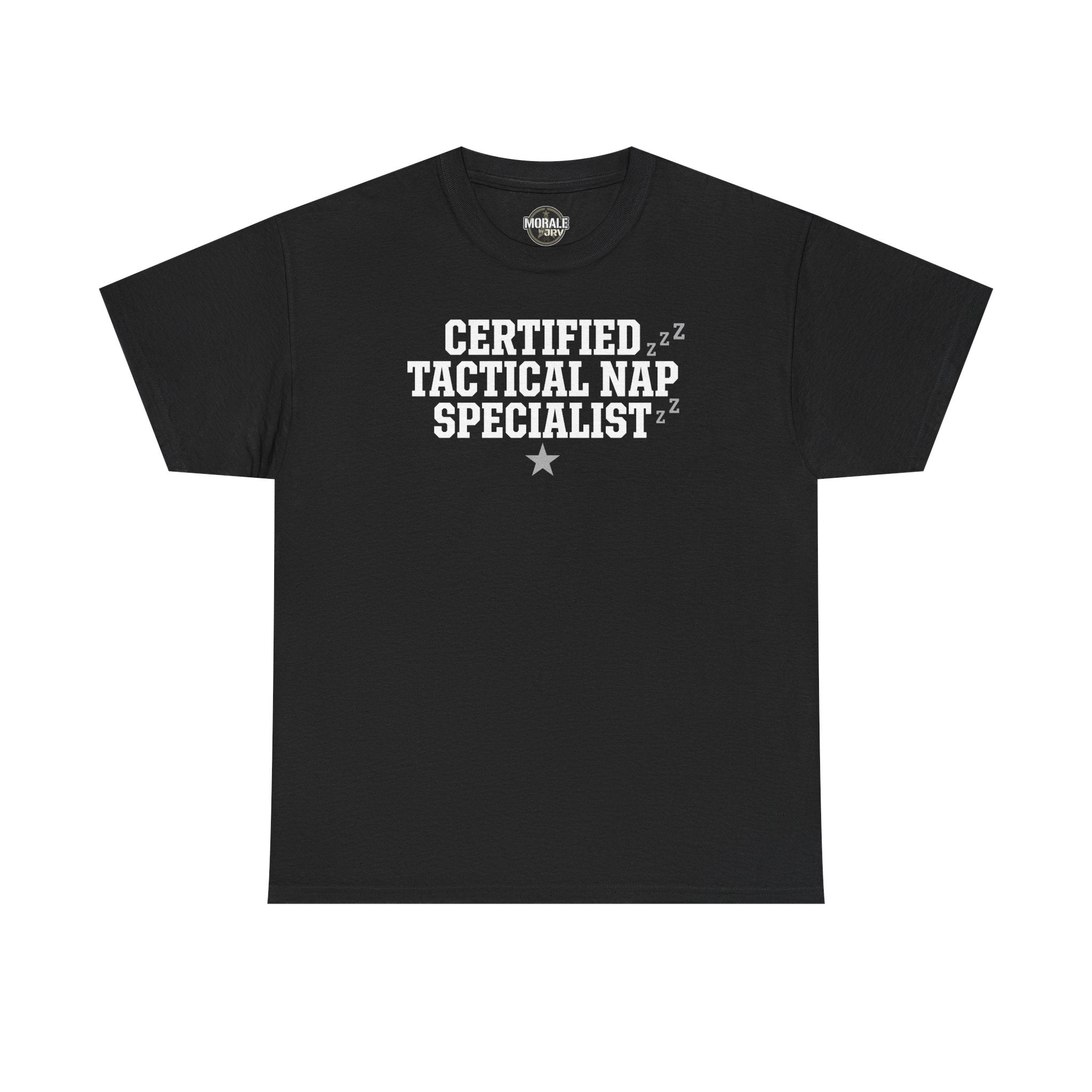 Black crew-neck T-shirt with “Certified Tactical Nap Specialist” text graphic and star