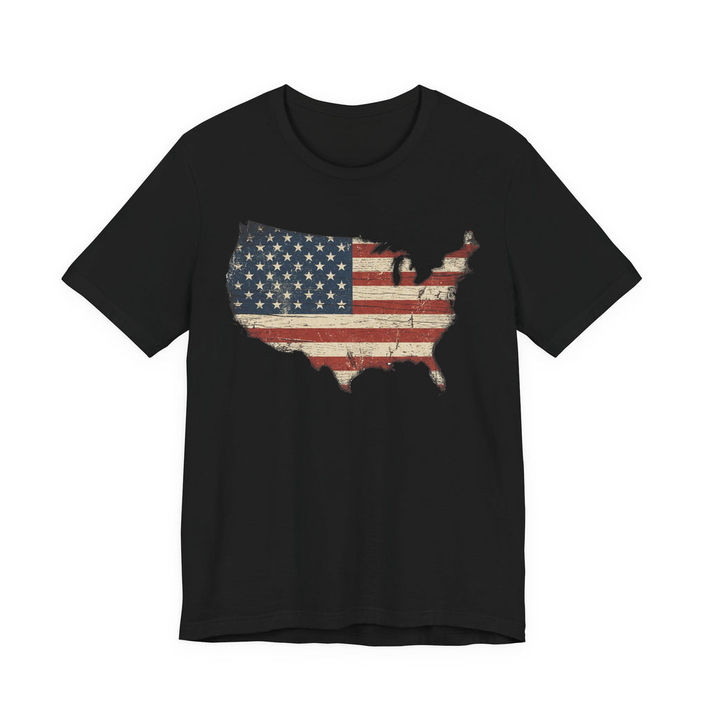 Black crewneck T-shirt with distressed American flag map graphic