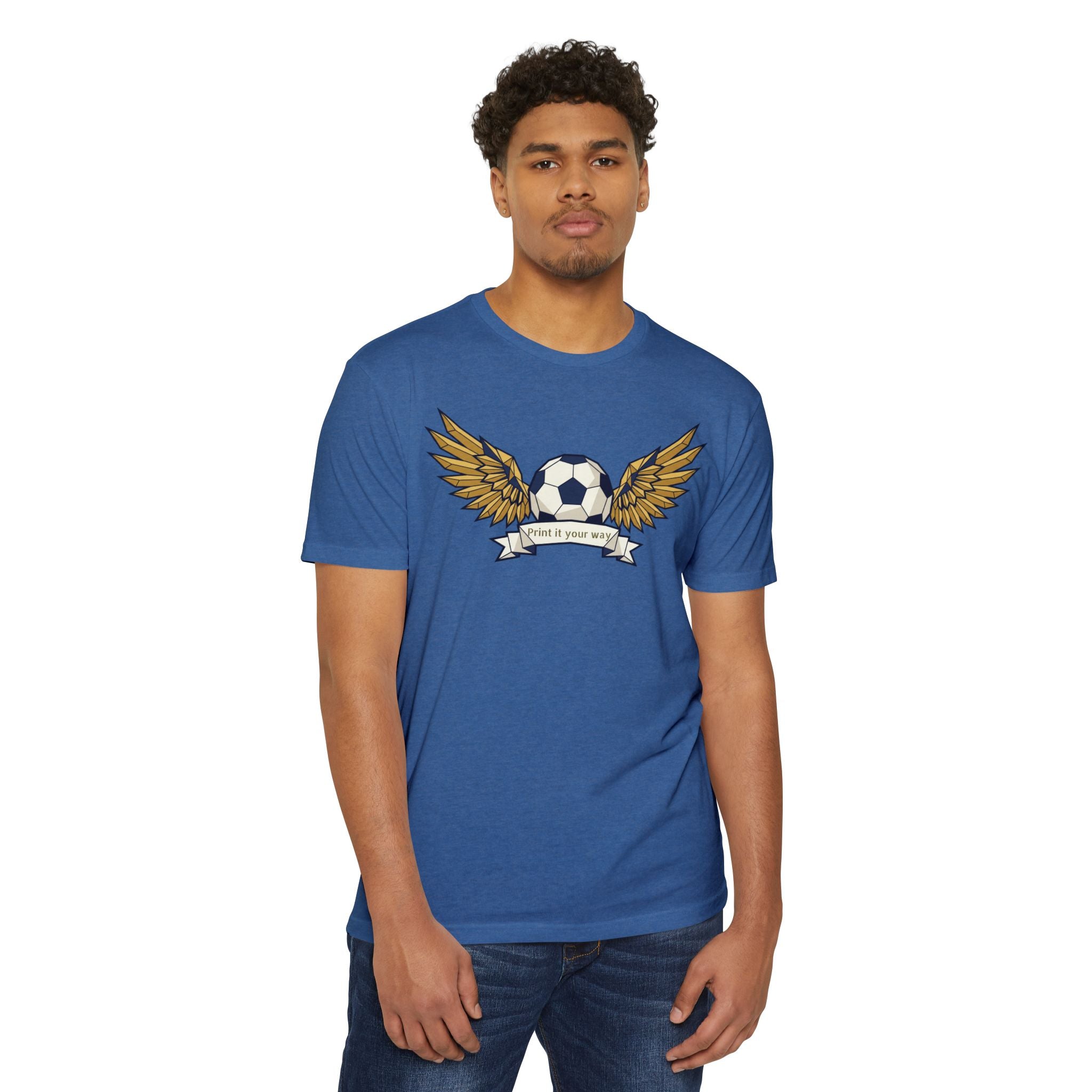 Blue crew-neck soccer t-shirt with winged ball graphic on front