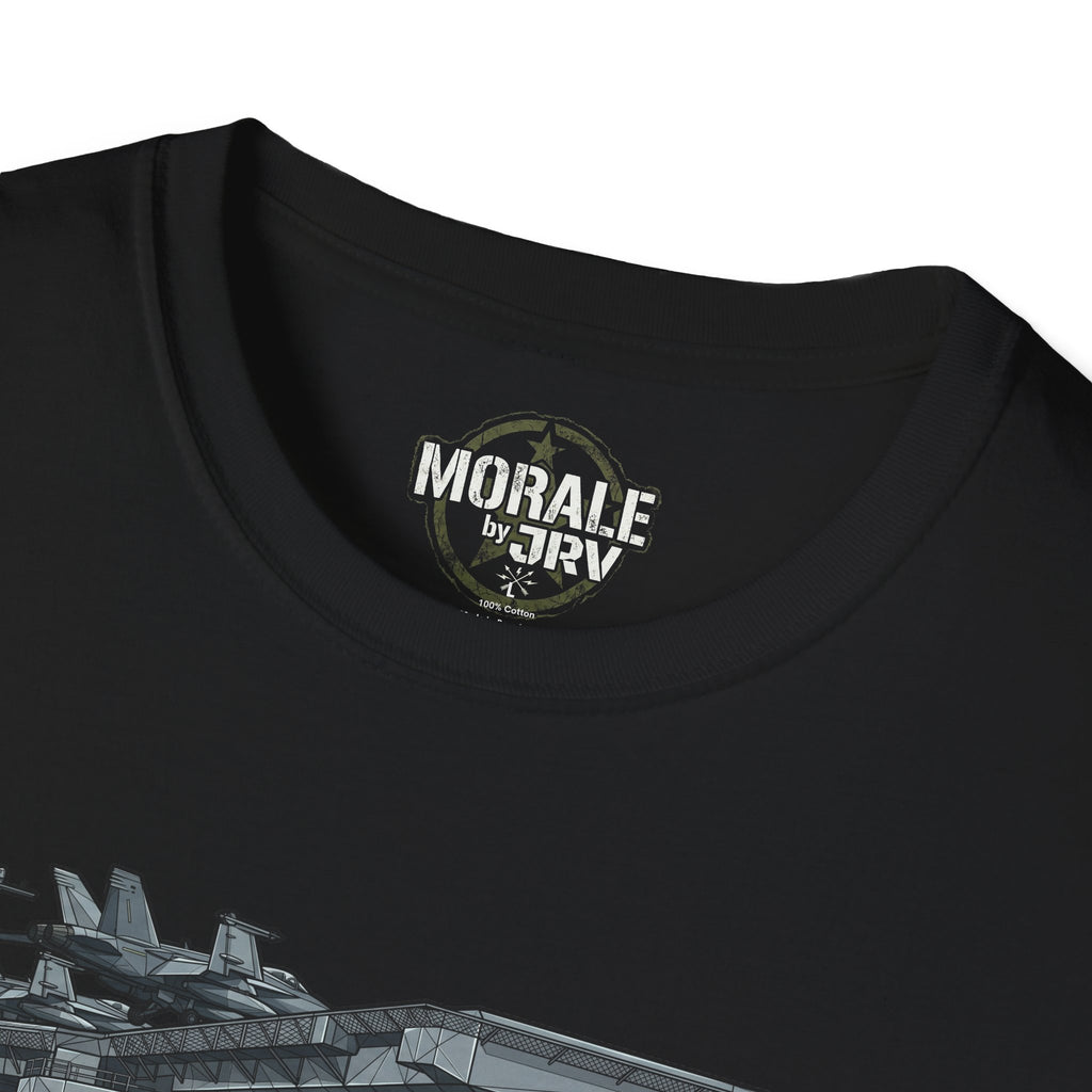 Black T-shirt neckline with circular “MORALE T&RY” logo