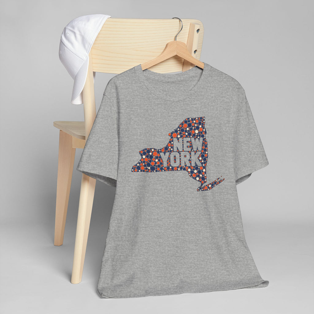 Heather gray T-shirt with colorful dotted New York state graphic