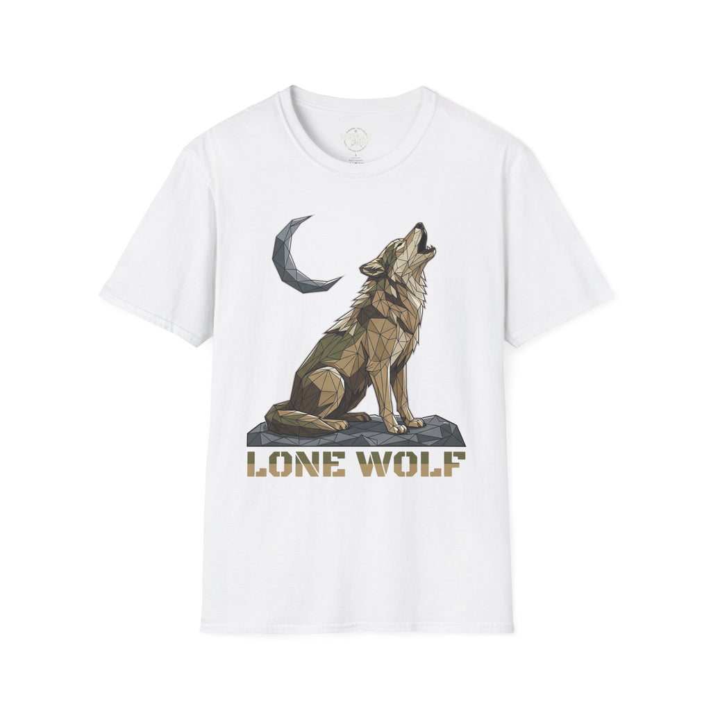 White T-shirt with geometric lone wolf howling and moon graphic