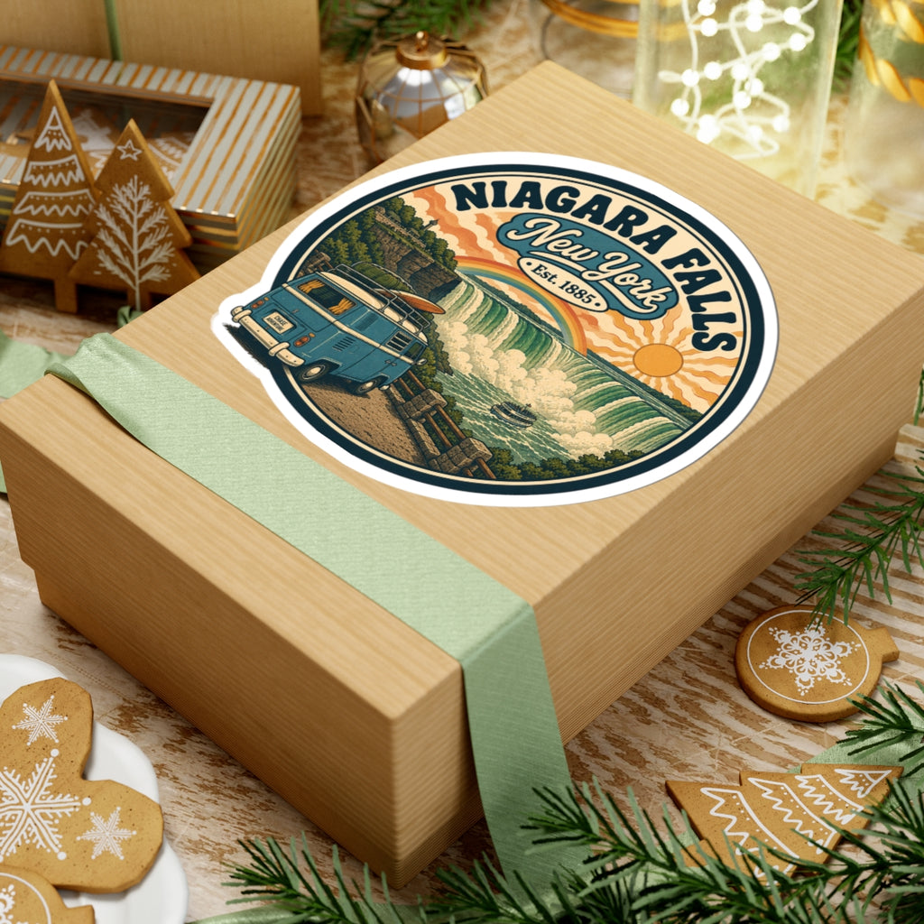 Round white kiss-cut sticker on gift wrap with Niagara Falls New York vintage camper van scene