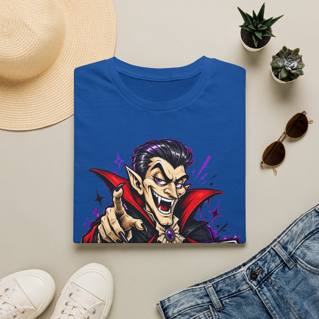 Royal blue T-shirt with colorful cartoon vampire pointing graphic