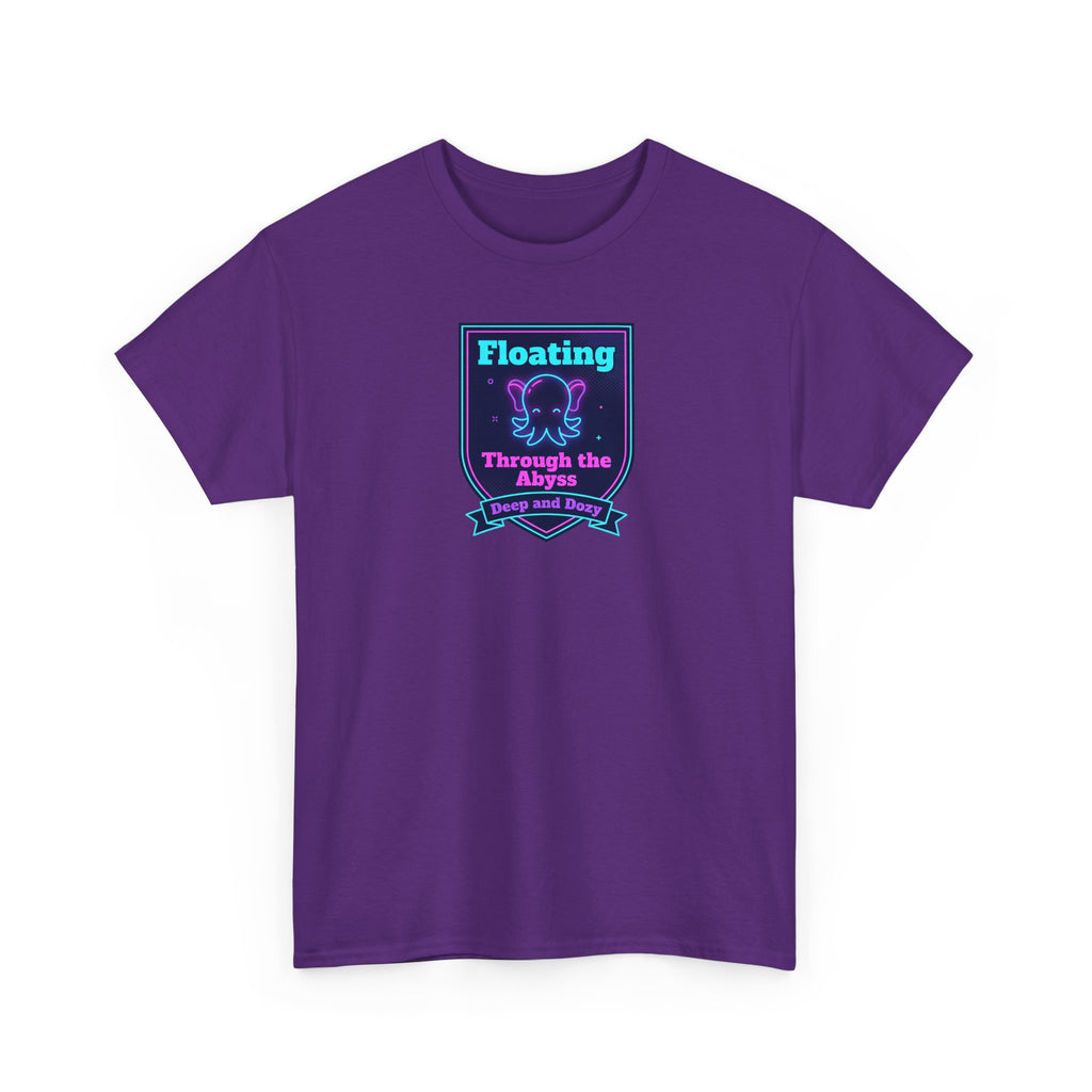 Purple crewneck graphic T-shirt with framed octopus artwork on front