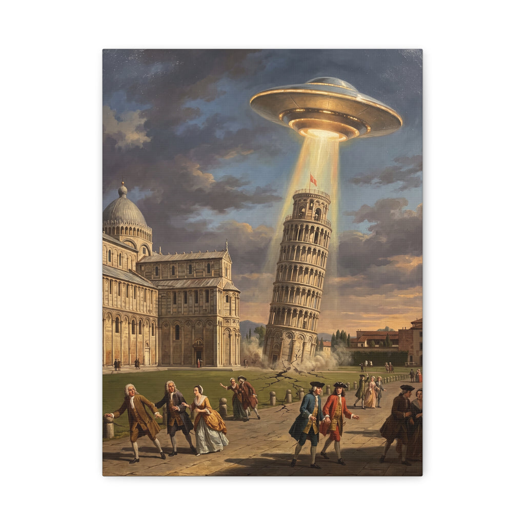 UFO abduction canvas print showing bright beam from saucer above Leaning Tower