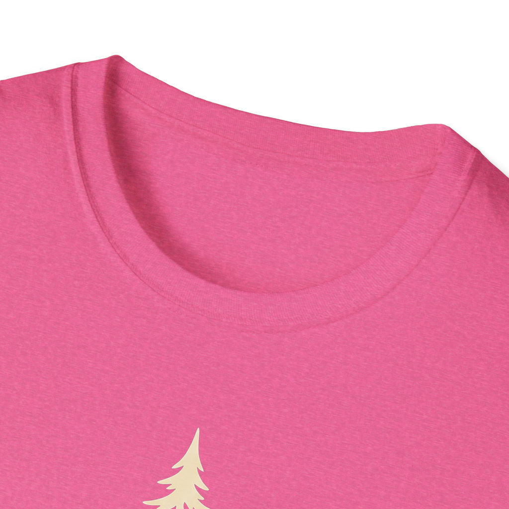 Pink T-shirt close-up of crew neckline with pine tree graphic