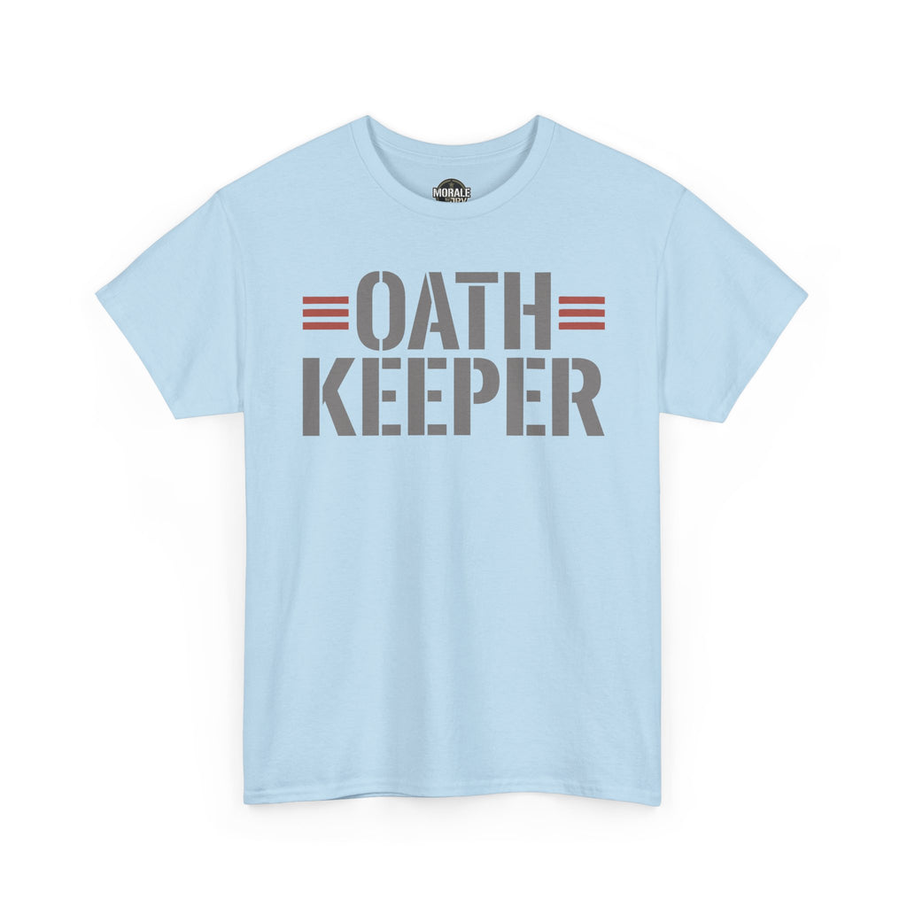 Oath Keeper T-shirt in light blue with OATH KEEPER patriotic graphic, crew neck