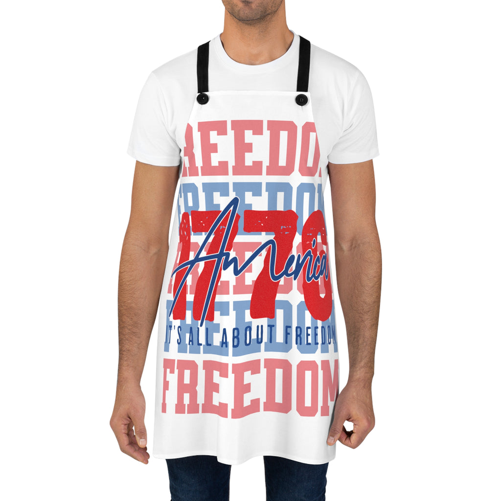 Patriotic white apron with black straps and large red-blue freedom graphic, worn