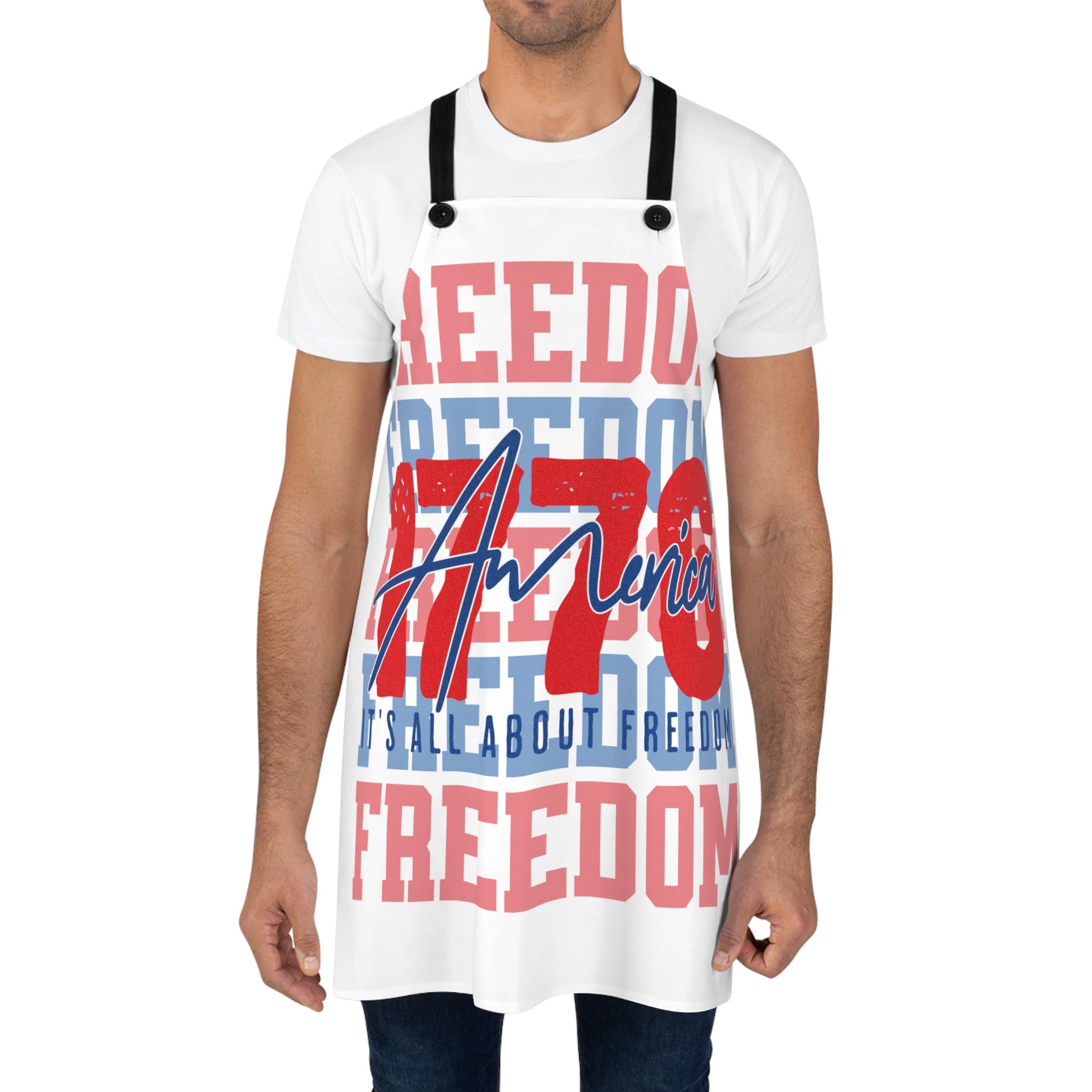 Patriotic white apron with black straps and large red-blue freedom graphic, worn