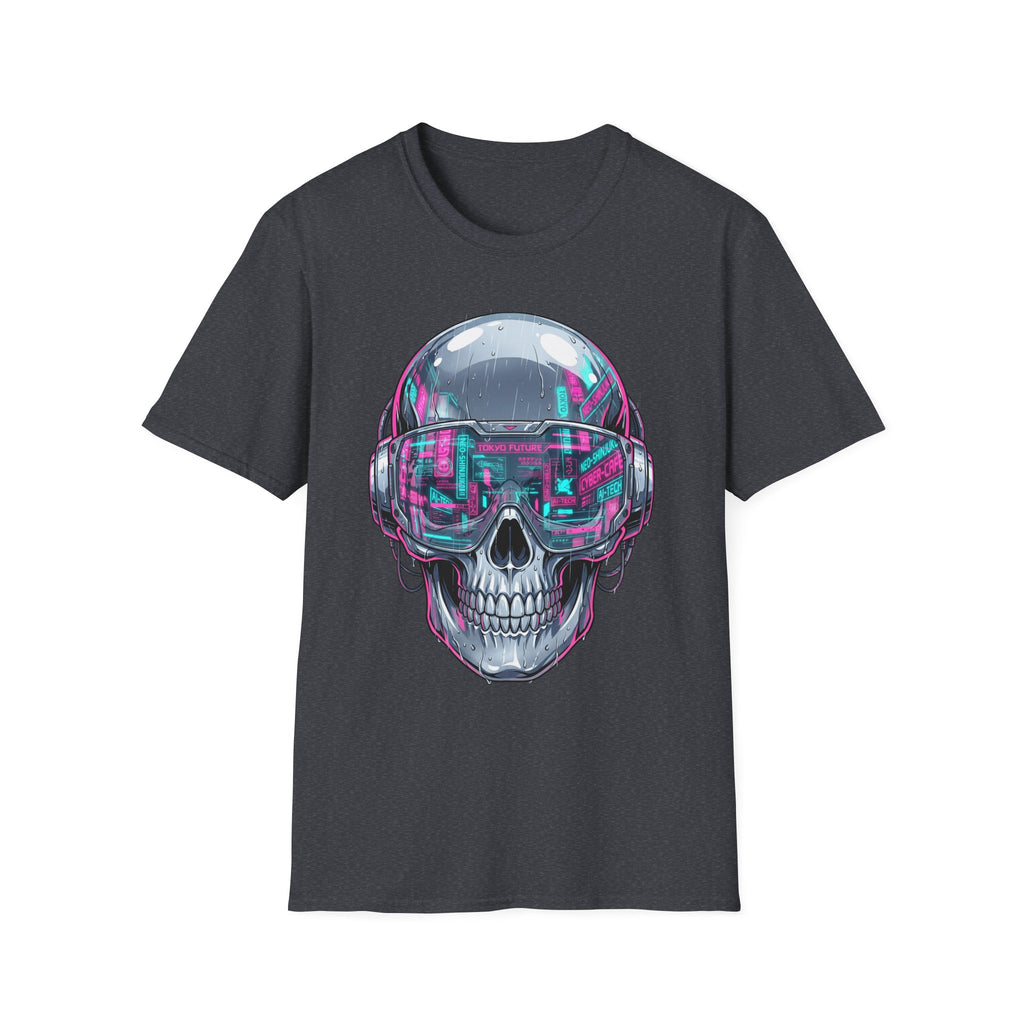 Charcoal dark T-shirt featuring cyberpunk chrome skull with neon visor graphic