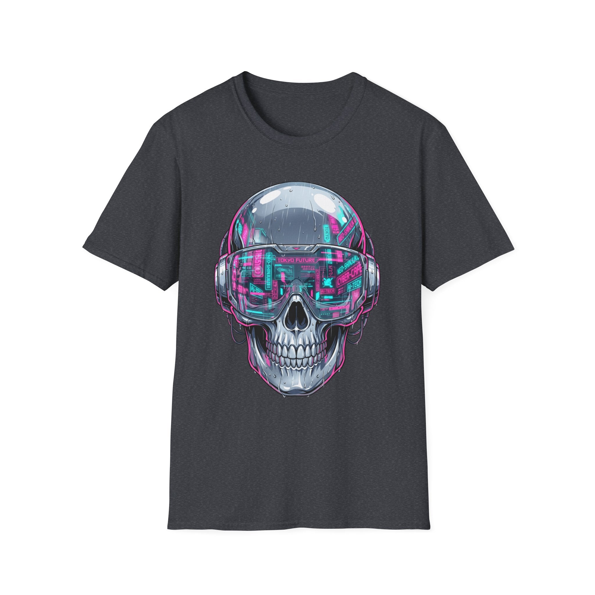 Charcoal dark T-shirt featuring cyberpunk chrome skull with neon visor graphic