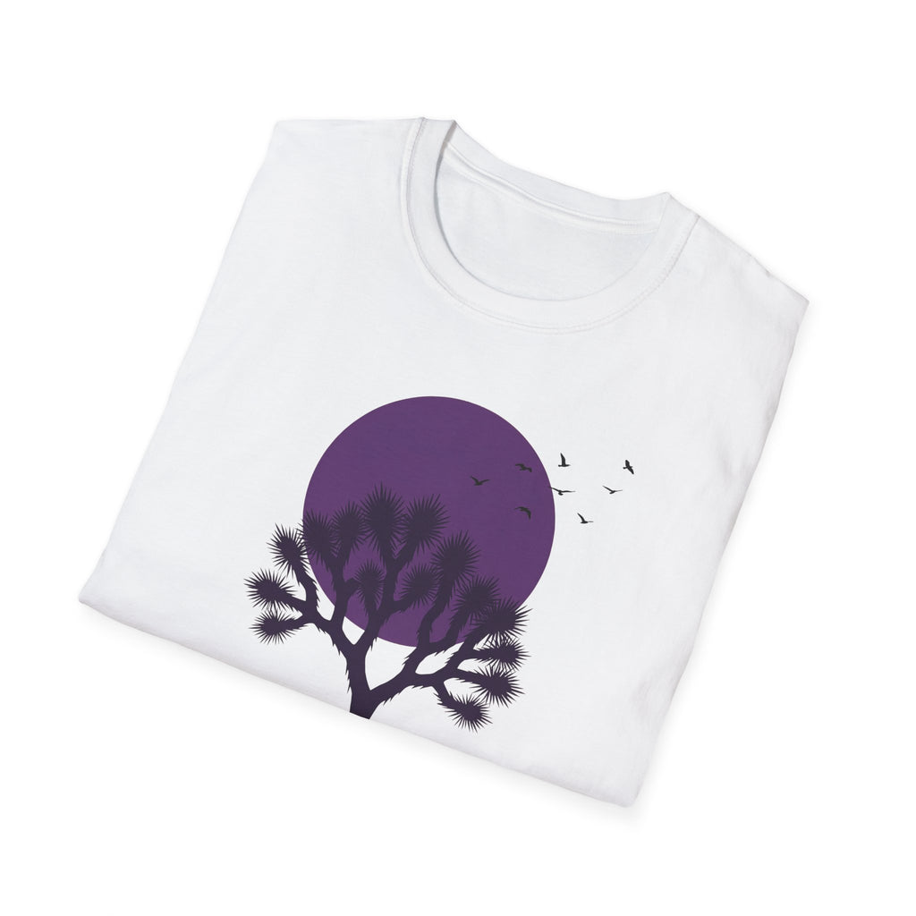 White T-shirt with purple moon and Joshua tree silhouette, desert plants and birds