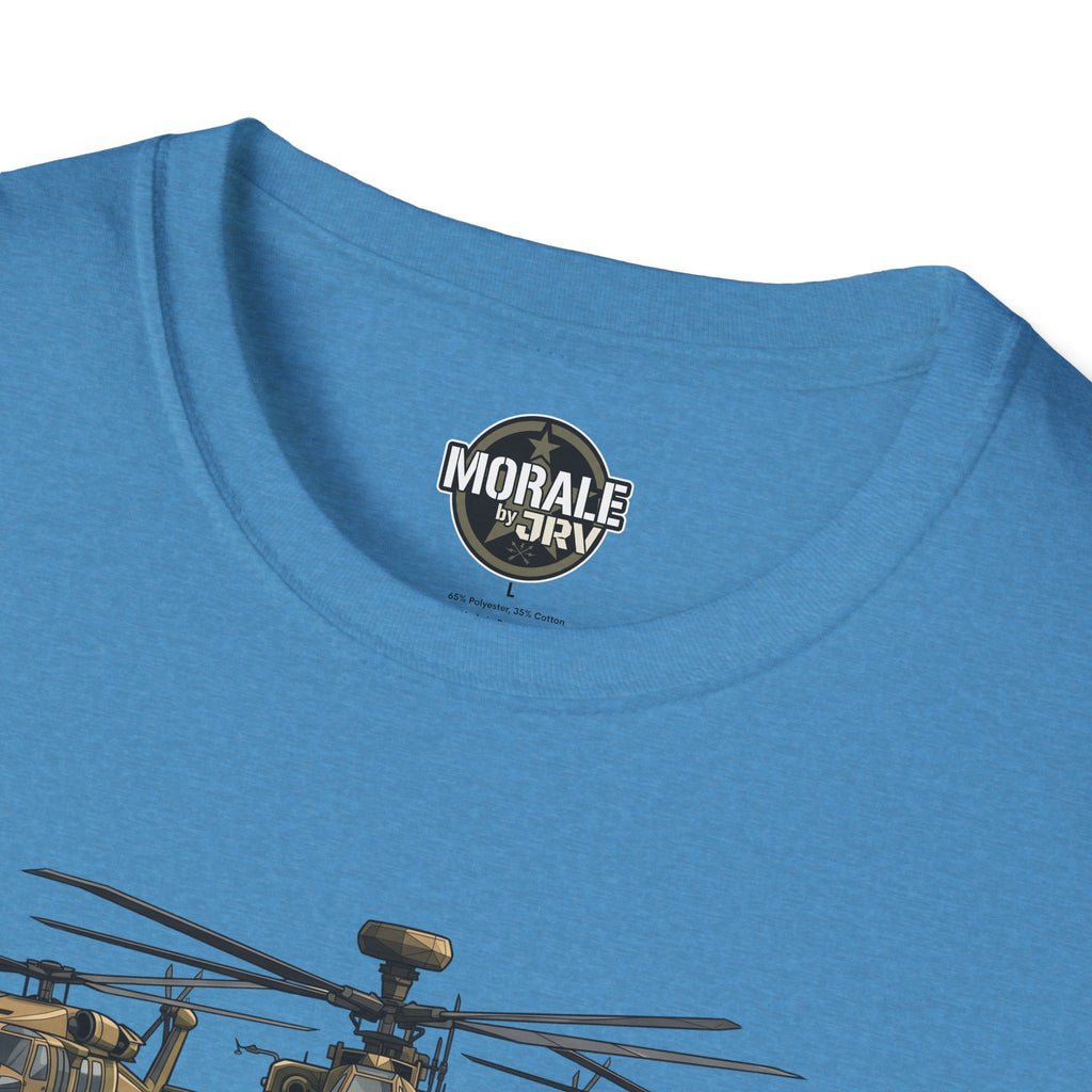 Apache Attack Helicopter T-shirt, blue close-up neck logo with helicopter graphic