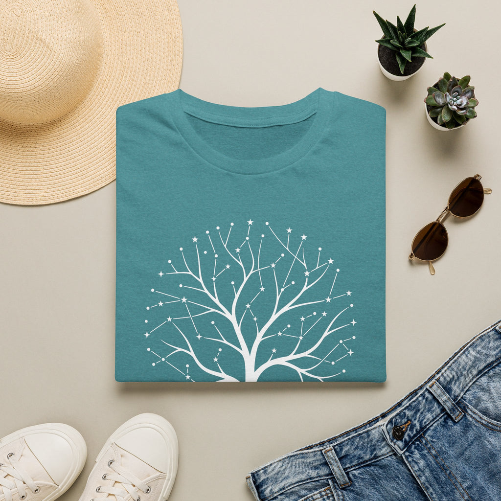 Teal t-shirt with white celestial tree of life and star constellation artwork on front.