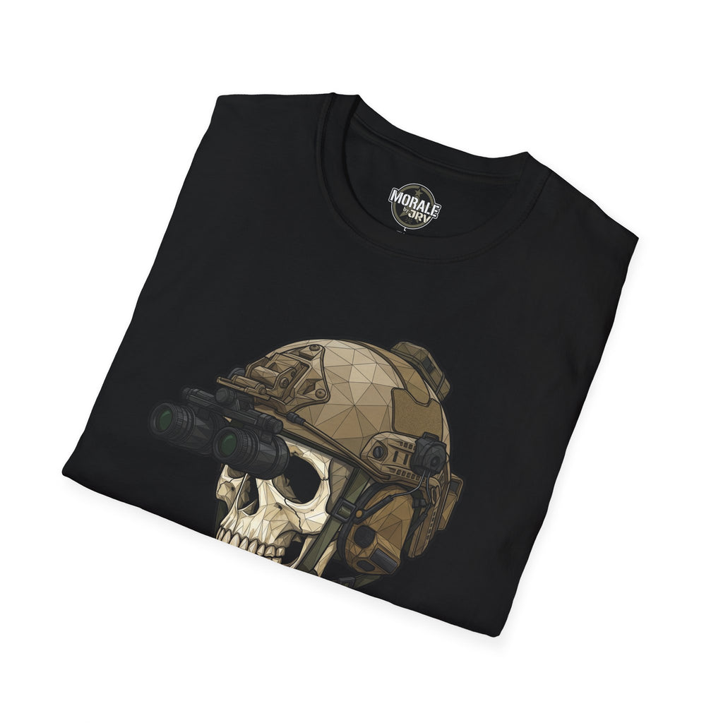 Black tactical skull-helmet graphic T-shirt with NVG-style visor and rifle motif