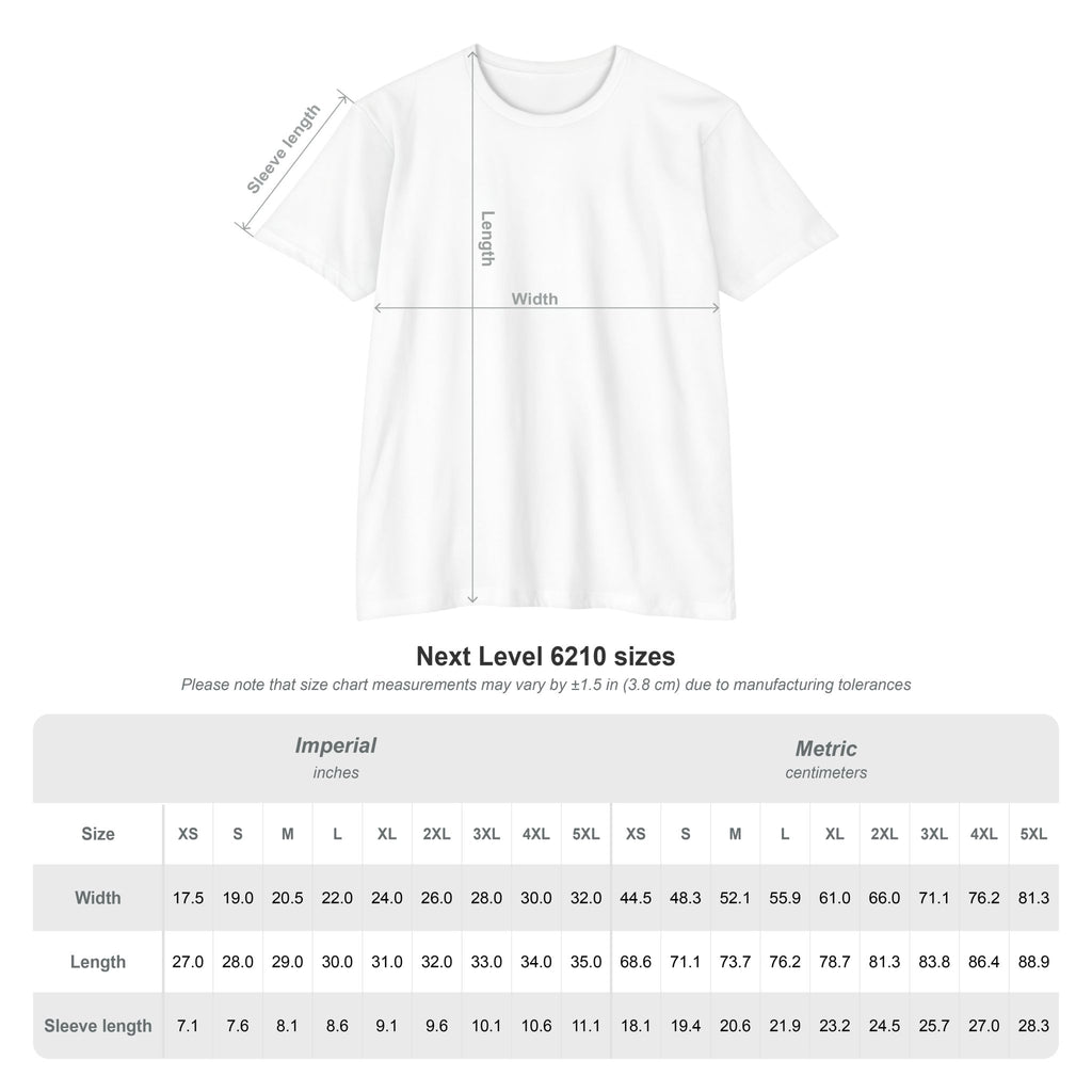 White T-shirt with lighthouse sunset graphic and size chart measurement overlay