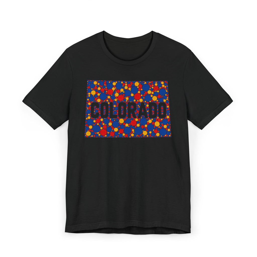 Black T-shirt with patterned COLORADO graphic on front