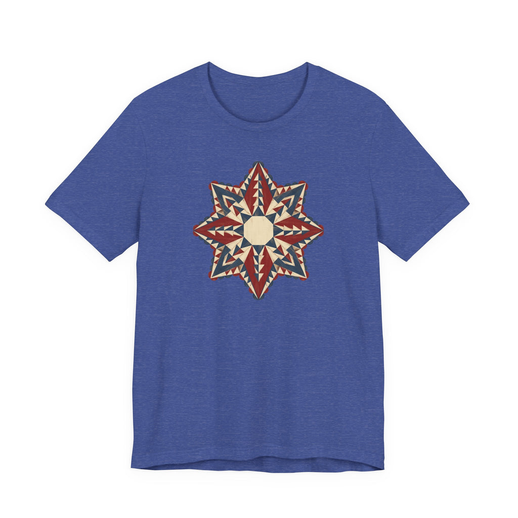Heather true royal blue graphic tee with colorful star mandala geometric compass print