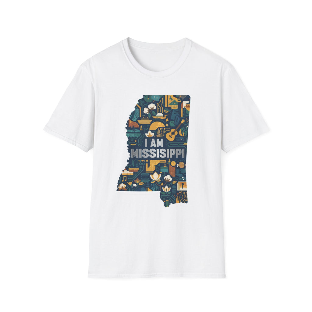 White T-shirt with colorful Mississippi state map graphic and "I AM MISSISSIPPI" text
