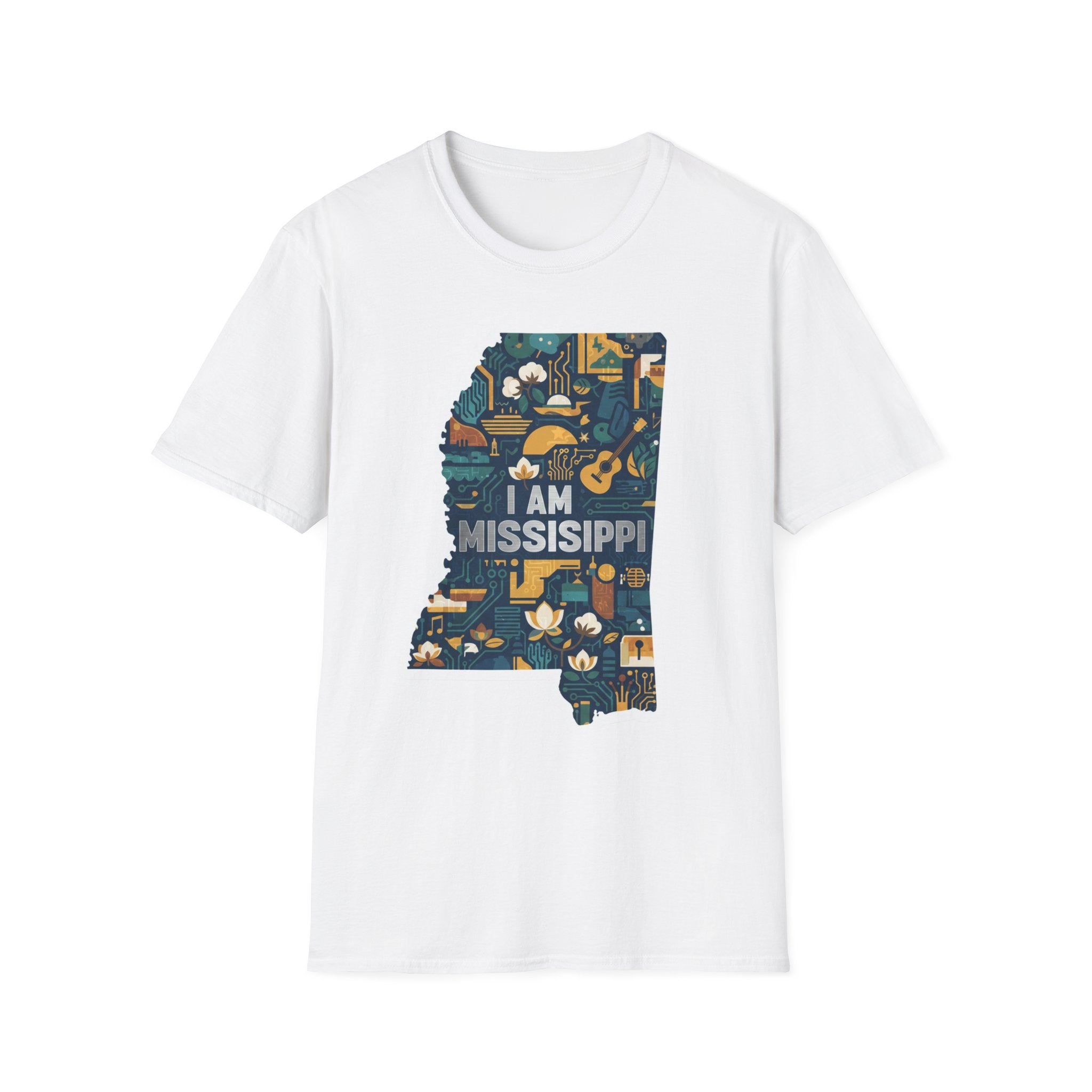 White T-shirt with colorful Mississippi state map graphic and "I AM MISSISSIPPI" text