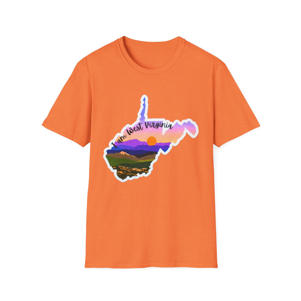 West Virginia sunset T-shirt, orange shirt with state silhouette mountain sunset print