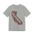 Heather gray short-sleeve T-shirt with red floral dot California outline graphic