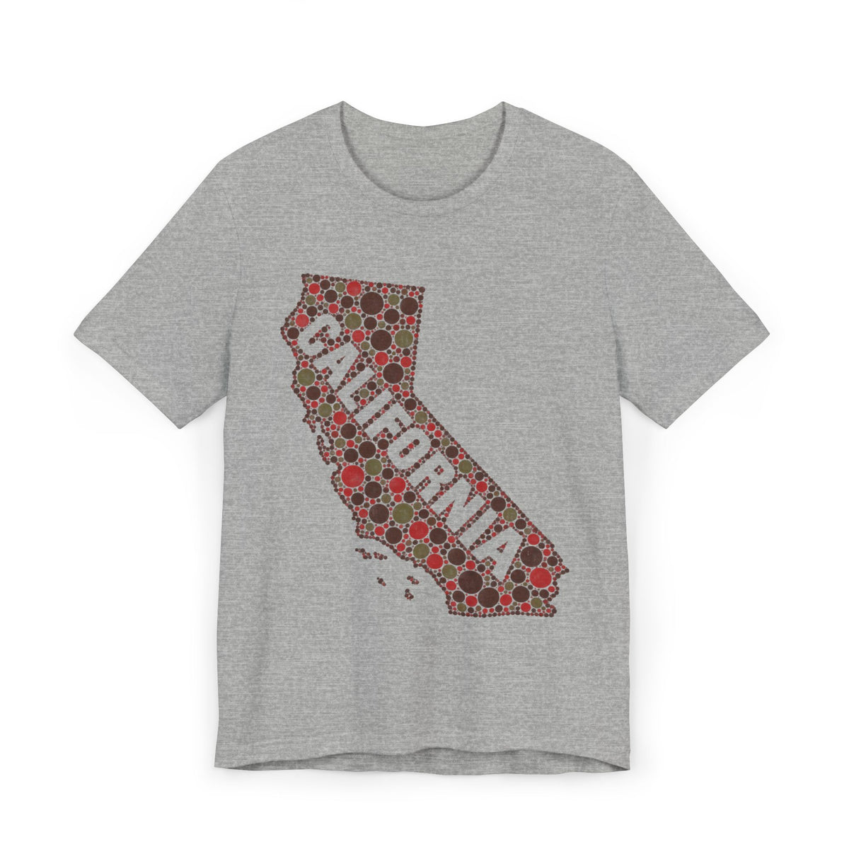 Heather gray short-sleeve T-shirt with red floral dot California outline graphic