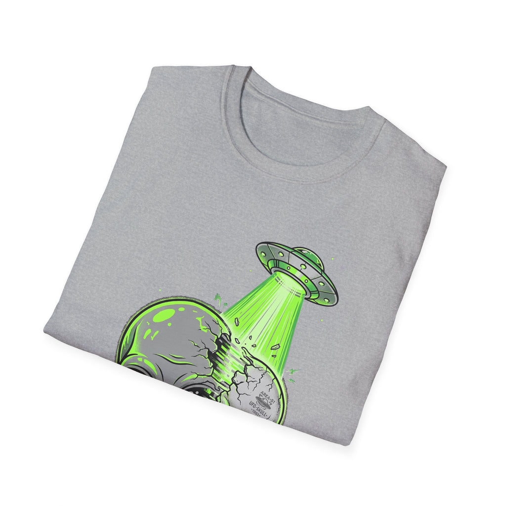 Sport Grey T-shirt with green UFO tractor beam and alien skull graphic