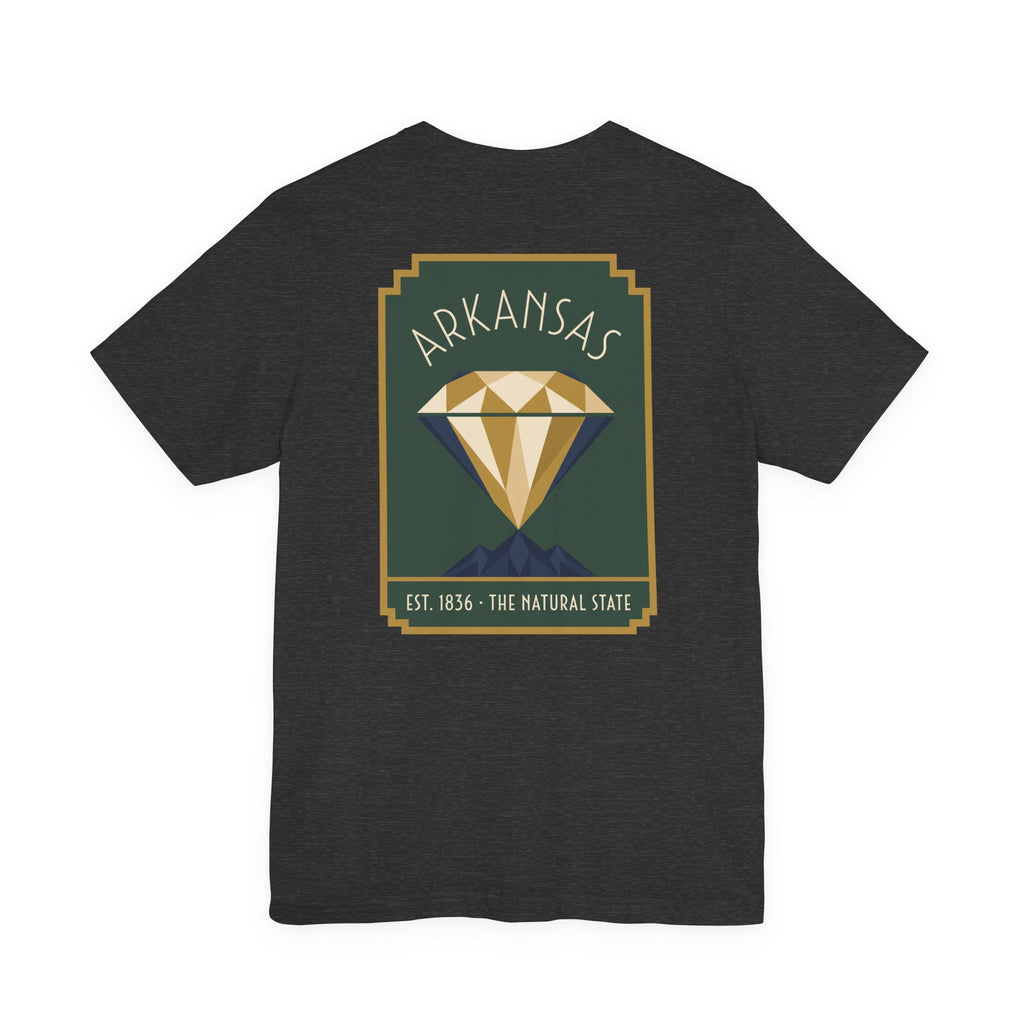 Dark gray T-shirt with Arkansas diamond art deco graphic, Est. 1836
