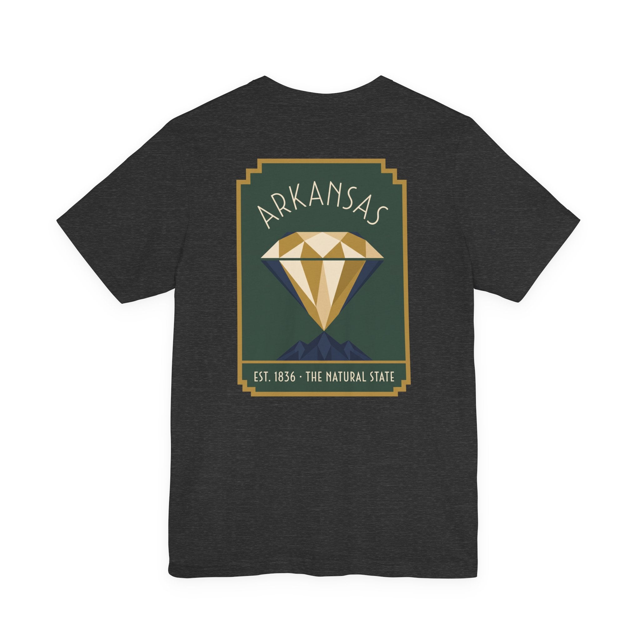 Dark gray T-shirt with Arkansas diamond art deco graphic, Est. 1836