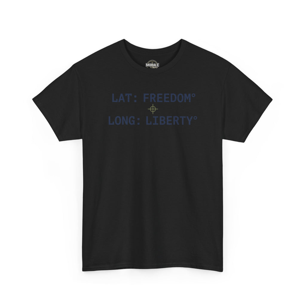 Black crew neck T-shirt with blue and green GPS-style coordinate text on front.